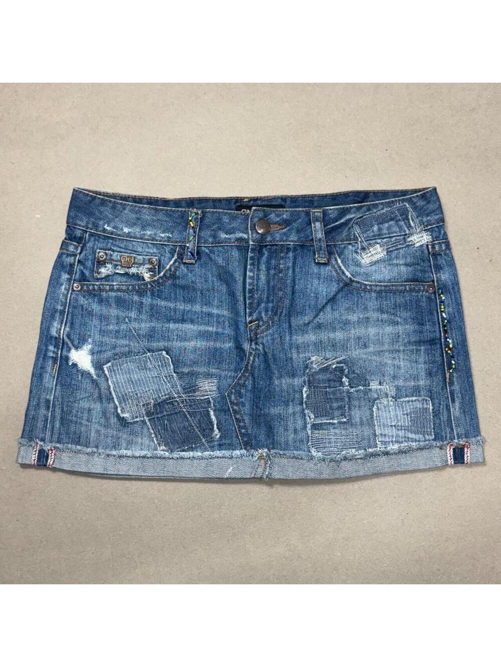 Vintage Y2K Denim Micro Mini Skirt Low Rise Faded Distressed